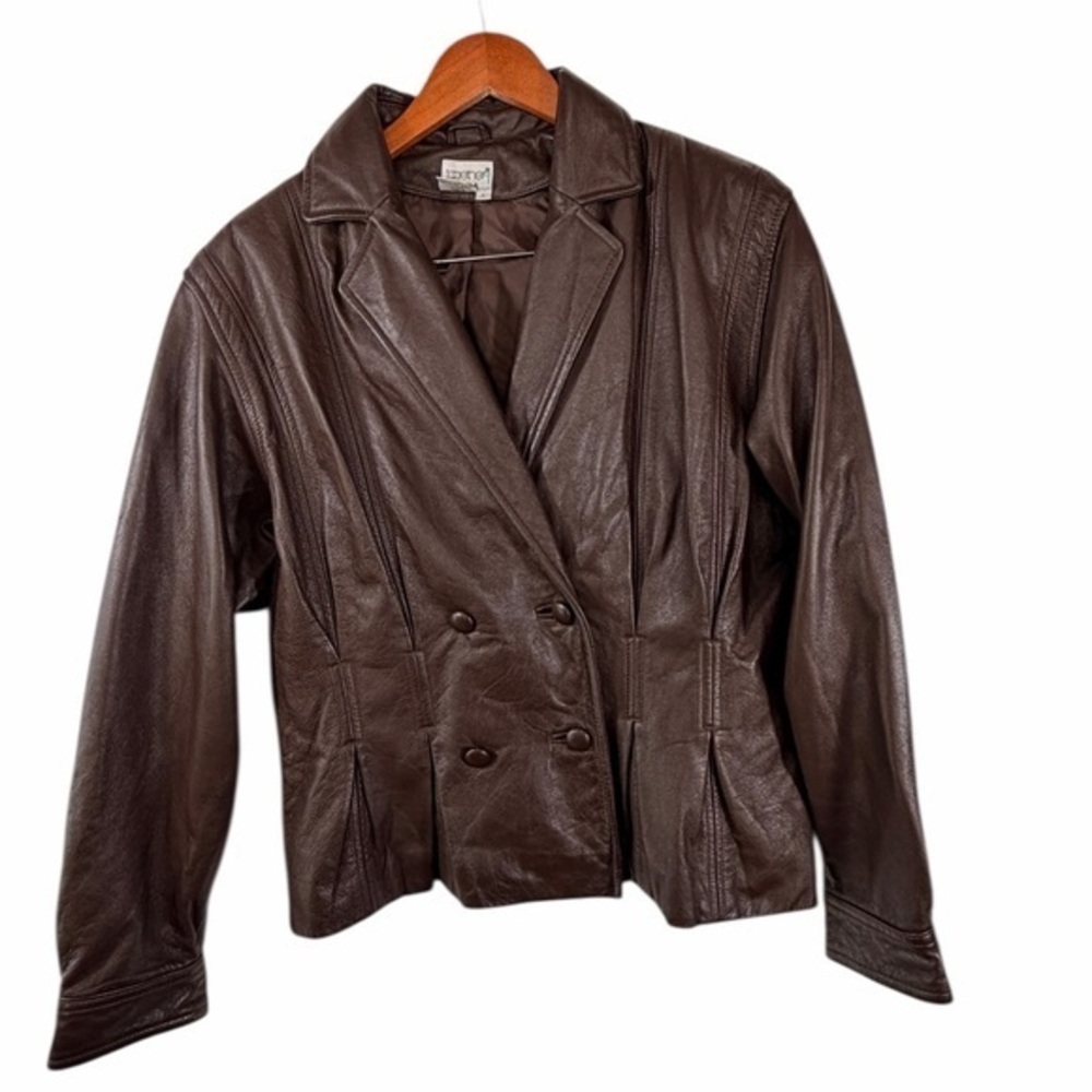 Together 9 Vintage Brown Genuine Leather Double Breasted Blazer Women’s Large - Picture 1 of 16